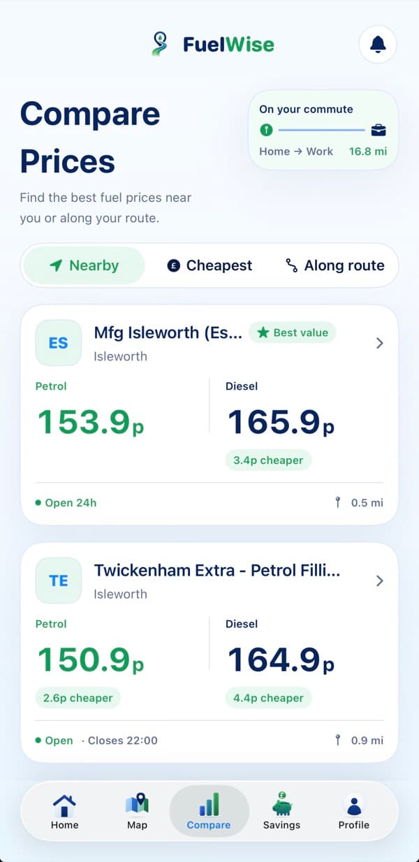FuelWise iPhone compare screen: petrol and diesel prices side by side
