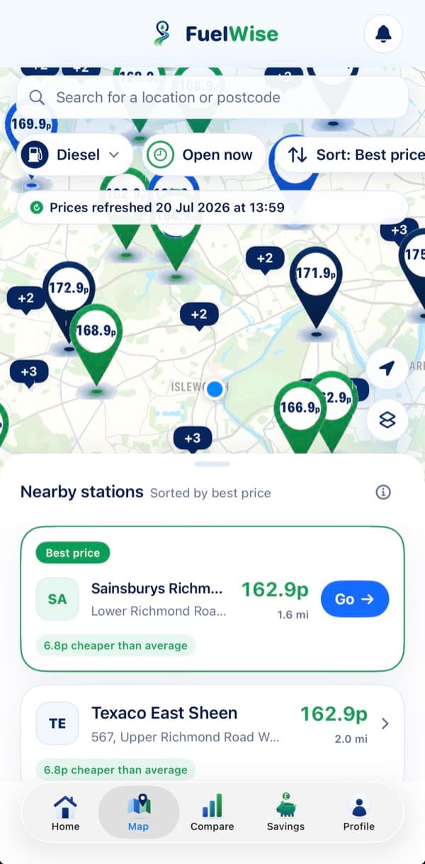FuelWise iPhone live price map with colour-coded price pins