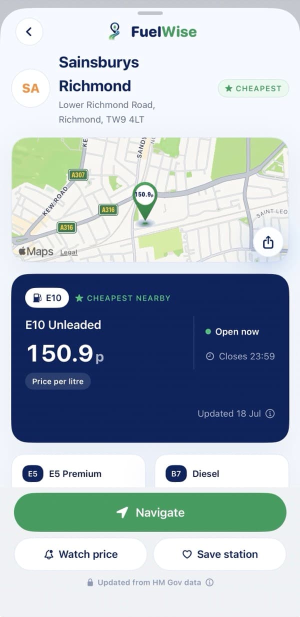 FuelWise iPhone station detail for Sainsbury's Richmond, E10 at 150.9p